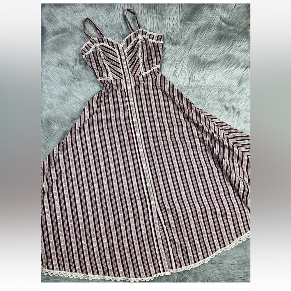 Vintage 70s Gunne Sax Striped Button Up Sun Dress Prairie Sleeveless